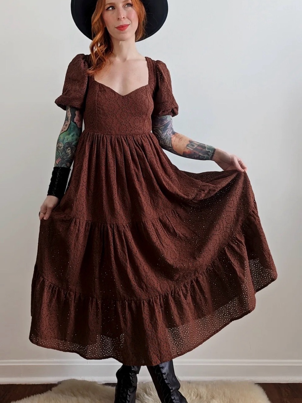 Band of the Free Brown Eyelet woodland Midi Dress with Puff Sleeves small